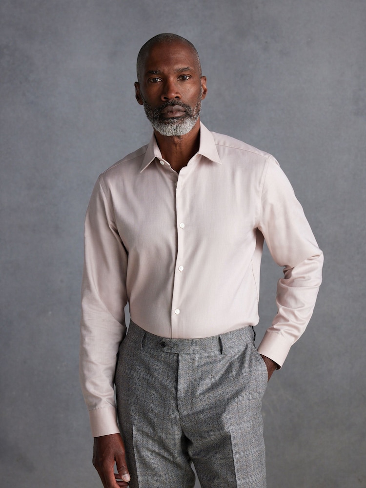 Neutral Brown Regular Fit Signature Royal Oxford Long Sleeve Single Cuff 100% Cotton Shirt - Image 1 of 7