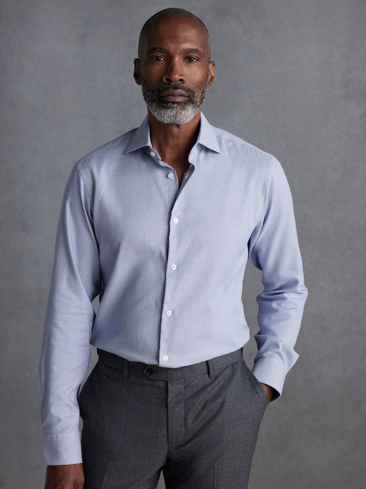 Blue Signature Textured 100% Cotton Slim Fit Single Cuff Shirt - Image 1 of 7