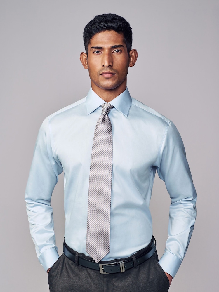 Light Blue Slim Fit Signature Long Sleeve 100% Cotton Shirt With Cutaway Collar - Image 1 of 9