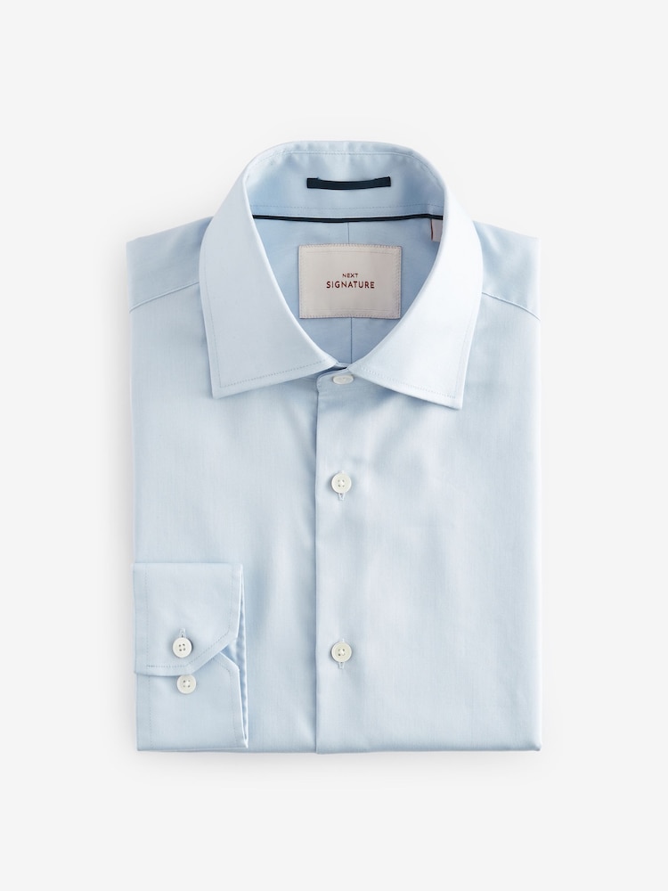 Light Blue Slim Fit Signature Long Sleeve 100% Cotton Shirt With Cutaway Collar - Image 6 of 9