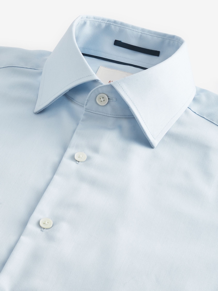Light Blue Slim Fit Signature Long Sleeve 100% Cotton Shirt With Cutaway Collar - Image 7 of 9