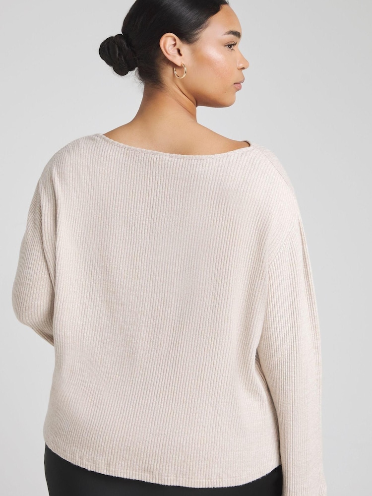 Simply Be Beige Goddess Ribbed Top With Flute Sleeve - Image 2 of 4 Simply Be Beige Goddess Ribbed Top With Flute Sleeve - Image 2 of 4