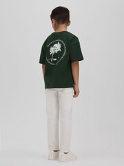Reiss Dark Green Palm Cotton Crew Neck Motif T-Shirt - Image 1 of 4
