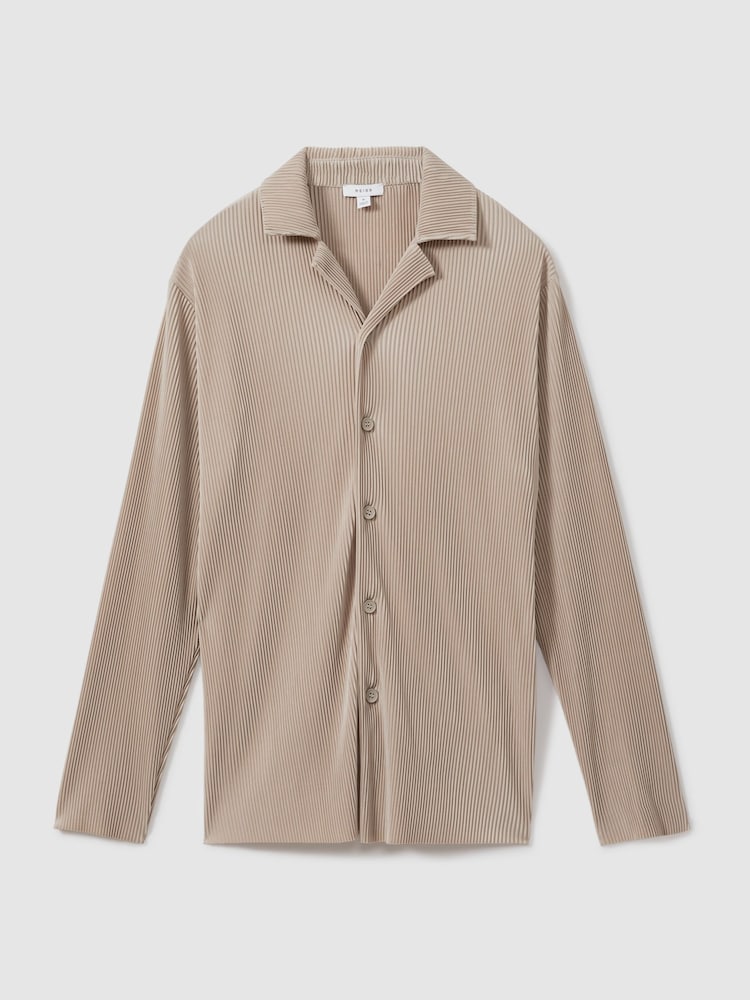 Reiss Champagne Icon Plisse Cuban Collar Shirt - Image 2 of 5