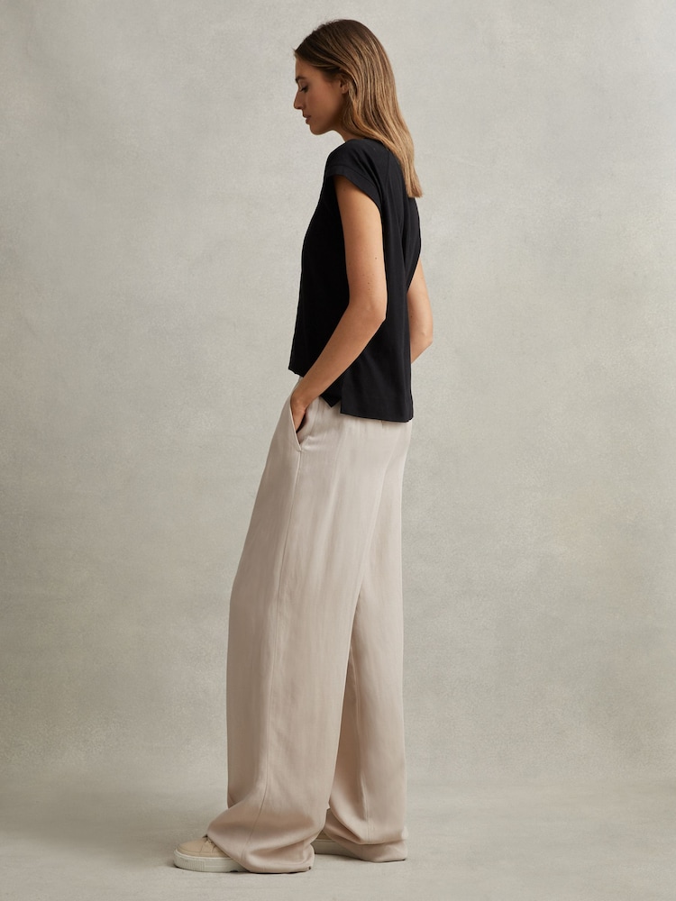 Reiss Oatmeal Vera Lyocell-Linen Wide Leg Trousers - Image 1 of 6