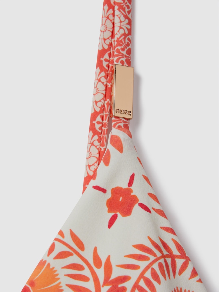 Reiss Cream/Coral Kallie Printed Tie Back Bikini Top - Image 5 of 5