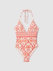 Reiss Cream/Coral Leonora Printed Plunge Neck Swimsuit - Image 2 of 6