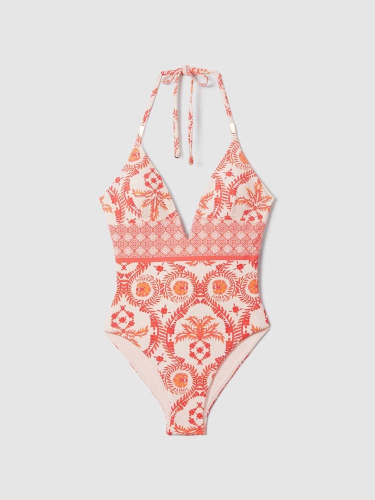 Reiss Cream/Coral Leonora Printed Plunge Neck Swimsuit - Image 2 of 6 Reiss Cream/Coral Leonora Printed Plunge Neck Swimsuit - Image 2 of 6