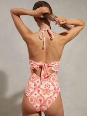 Reiss Cream/Coral Leonora Printed Plunge Neck Swimsuit - Image 5 of 6