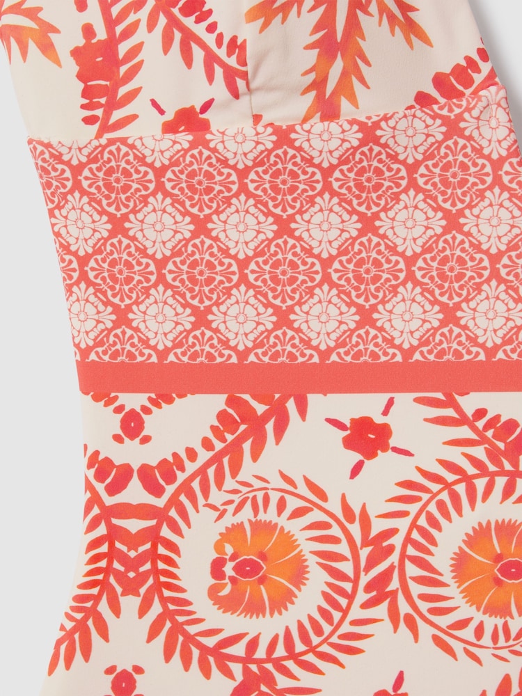 Reiss Cream/Coral Leonora Printed Plunge Neck Swimsuit - Image 6 of 6