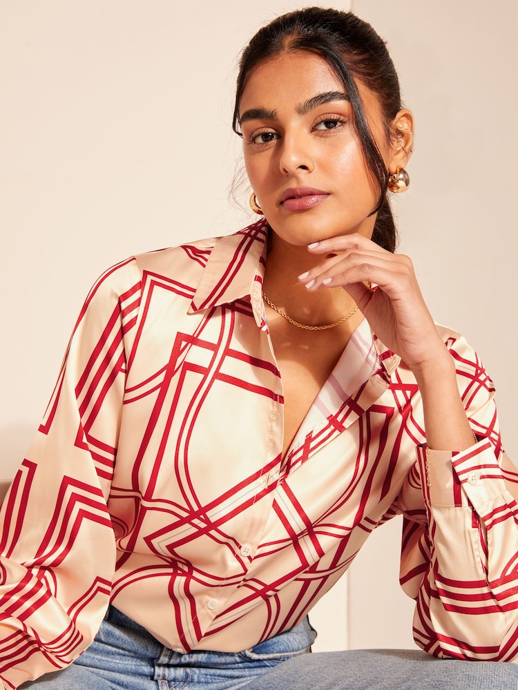 Friends Like These Red Geo Satin Button Through Shirt - Image 1 of 4
