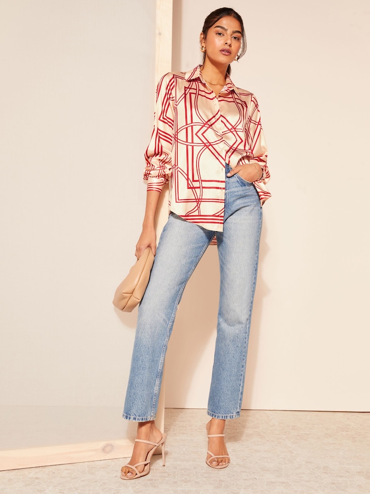 Friends Like These Red Geo Satin Button Through Shirt - Image 2 of 4
