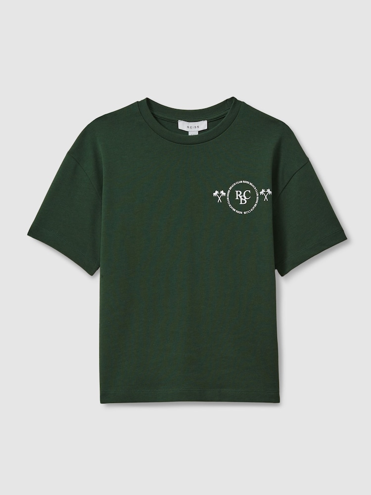 Reiss Dark Green Palm Cotton Crew Neck Motif T-Shirt - Image 2 of 4