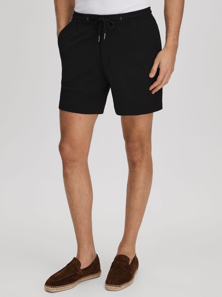 Reiss Black Newmark Textured Drawstring Shorts - Image 1 of 6