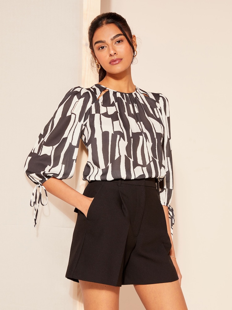 Friends Like These Black/White 3/4 Sleeve Chiffon Tie Cuff Blouse - Image 2 of 4