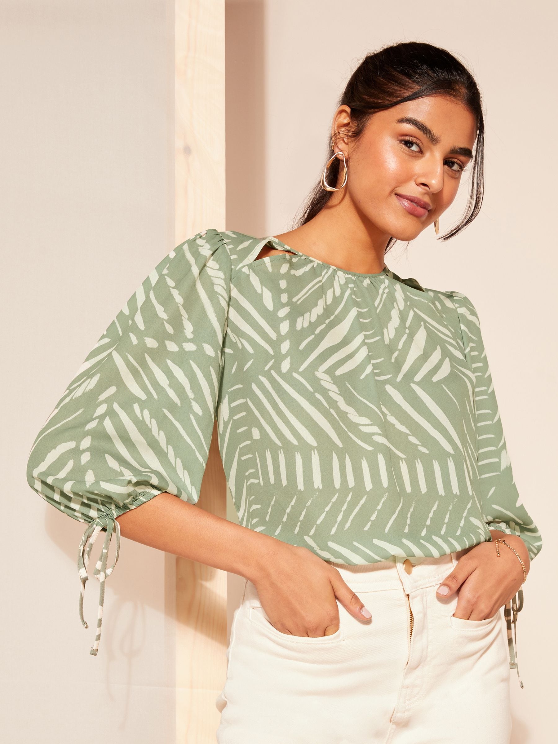 Friends Like These Khaki Green 3 4 Sleeve Chiffon Tie Cuff Blouse