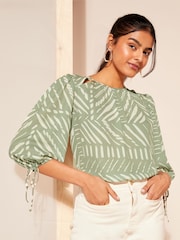 Friends Like These Khaki Green 3/4 Sleeve Chiffon Tie Cuff Blouse - Image 1 of 4
