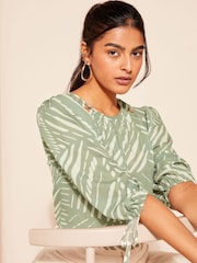 Friends Like These Khaki Green 3/4 Sleeve Chiffon Tie Cuff Blouse - Image 2 of 4