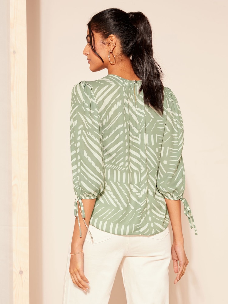 Friends Like These Khaki Green 3/4 Sleeve Chiffon Tie Cuff Blouse - Image 4 of 4