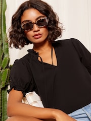 Friends Like These Black Short Sleeve Woven Tie Neck Blouse - Image 1 of 4