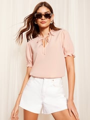 Friends Like These Pink Short Sleeve Woven Tie Neck Blouse - Image 2 of 4