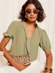 Friends Like These Green Short Sleeve Bow Front Crepe Blouse - Image 2 of 4