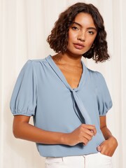 Friends Like These Navy Blue Short Sleeve Bow Front Crepe Blouse - Image 2 of 4