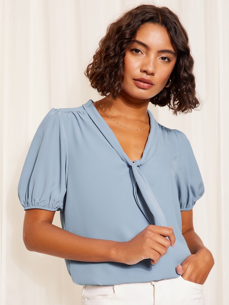 Friends Like These Navy Blue Short Sleeve Bow Front Crepe Blouse - Image 2 of 4