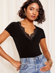 Friends Like These Black Short Sleeve Lace Detail Jersey Bodysuit - Image 1 of 4