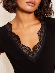 Friends Like These Black Short Sleeve Lace Detail Jersey Bodysuit - Image 2 of 4
