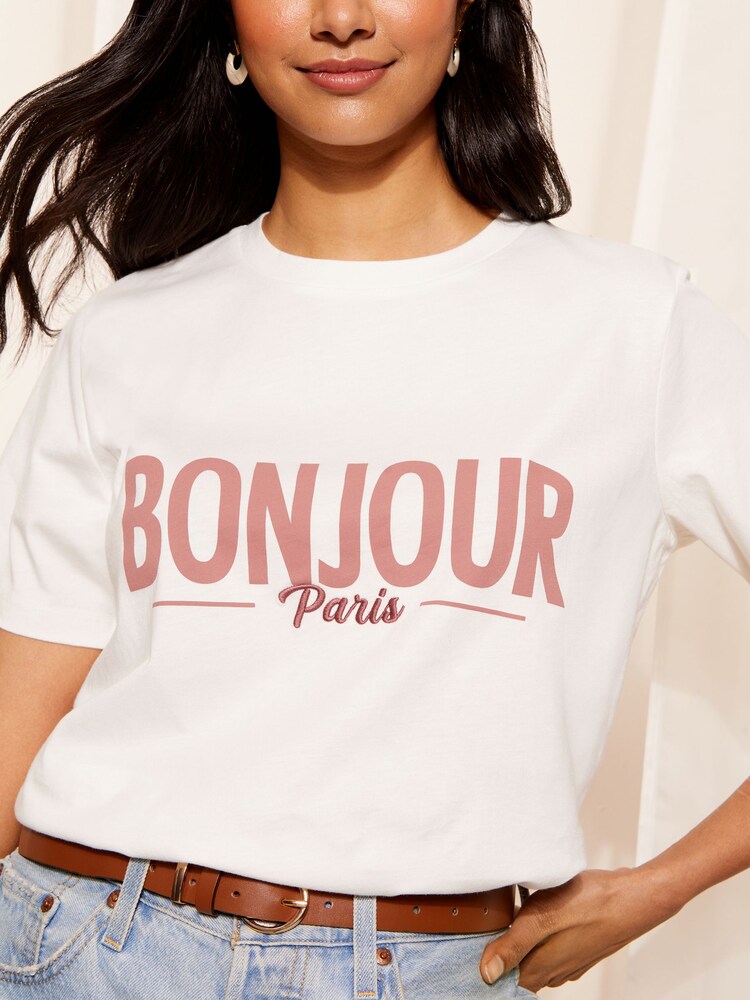 Friends Like These Bonjour Ivory White Round Neck Logo T-Shirt - Image 2 of 4