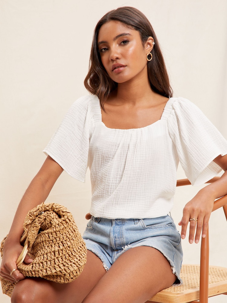 Friends Like These Muslin White Square Neck Flutter Sleeve Blouse - Image 1 of 4 Friends Like These Muslin White Square Neck Flutter Sleeve Blouse - Image 1 of 4