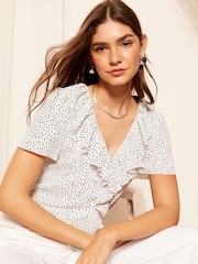 Friends Like These Black/White Polka Dot Ruffle Front Puff Sleeve Blouse - Image 2 of 4