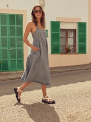 Pink Denim Button 100% Cotton Through Midi Summer Dress - Image 1 of 7
