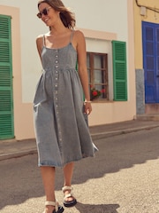 Pink Denim Button 100% Cotton Through Midi Summer Dress - Image 2 of 7