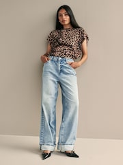 Mid Blue Turn Up Baggy 100% Cotton Jeans - Image 1 of 6