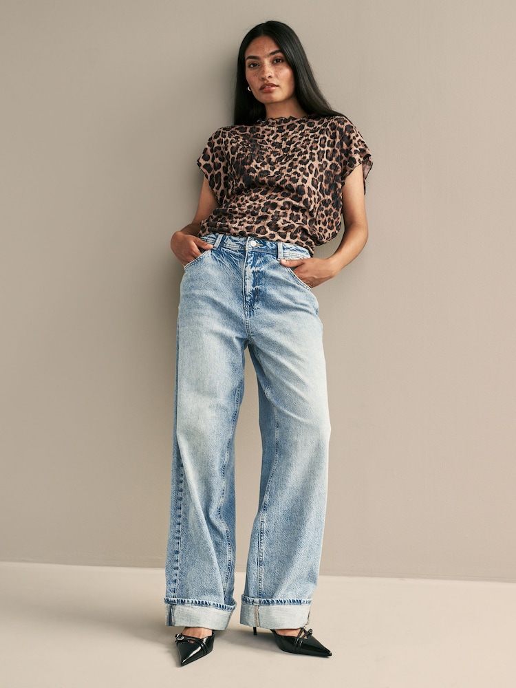 Mid Blue Turn Up Baggy 100% Cotton Jeans - Image 1 of 6