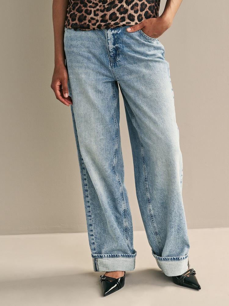 Mid Blue Turn Up Baggy 100% Cotton Jeans - Image 2 of 6