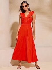 Lipsy Red Linen look Sleeveless Ruffle V Neck Midi Dress - Image 1 of 4