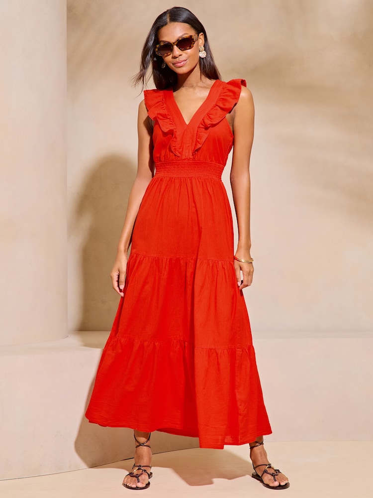 Lipsy Red Linen look Sleeveless Ruffle V Neck Midi Dress - Image 1 of 4