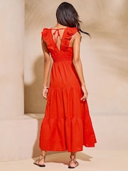 Lipsy Red Linen look Sleeveless Ruffle V Neck Midi Dress - Image 3 of 4