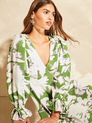 Lipsy Green White Long Sleeve Tie Back Mini Dress - Image 1 of 4