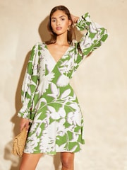 Lipsy Green White Long Sleeve Tie Back Mini Dress - Image 4 of 4
