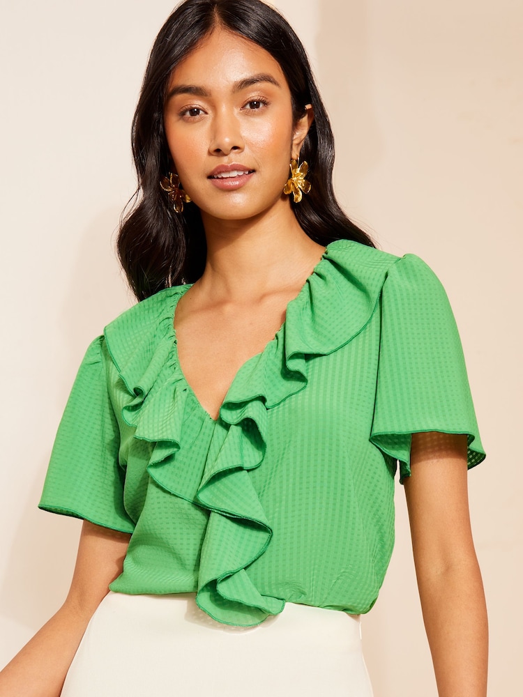 Friends Like These Seersucker Lime Ruffle Front Puff Sleeve Blouse - Image 1 of 4 Friends Like These Seersucker Lime Ruffle Front Puff Sleeve Blouse - Image 1 of 4