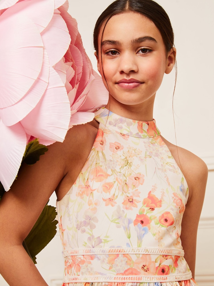 Lipsy Cream Floral Halter Scuba Occasion Dress (5-16yrs) - Image 2 of 4 Lipsy Cream Floral Halter Scuba Occasion Dress (5-16yrs) - Image 2 of 4
