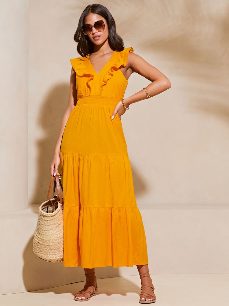 Lipsy Yellow Linen look Sleeveless Ruffle V Neck Midi Dress - Image 1 of 4