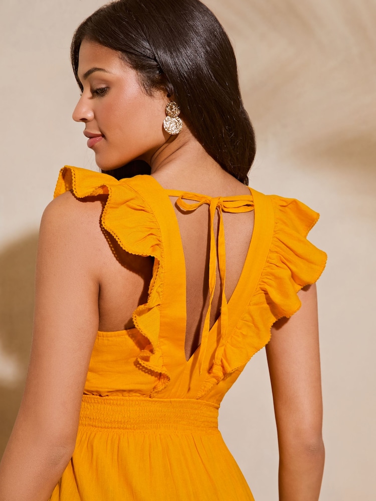 Lipsy Yellow Linen look Sleeveless Ruffle V Neck Midi Dress - Image 2 of 4