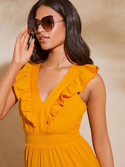 Lipsy Yellow Linen look Sleeveless Ruffle V Neck Midi Dress - Image 4 of 4