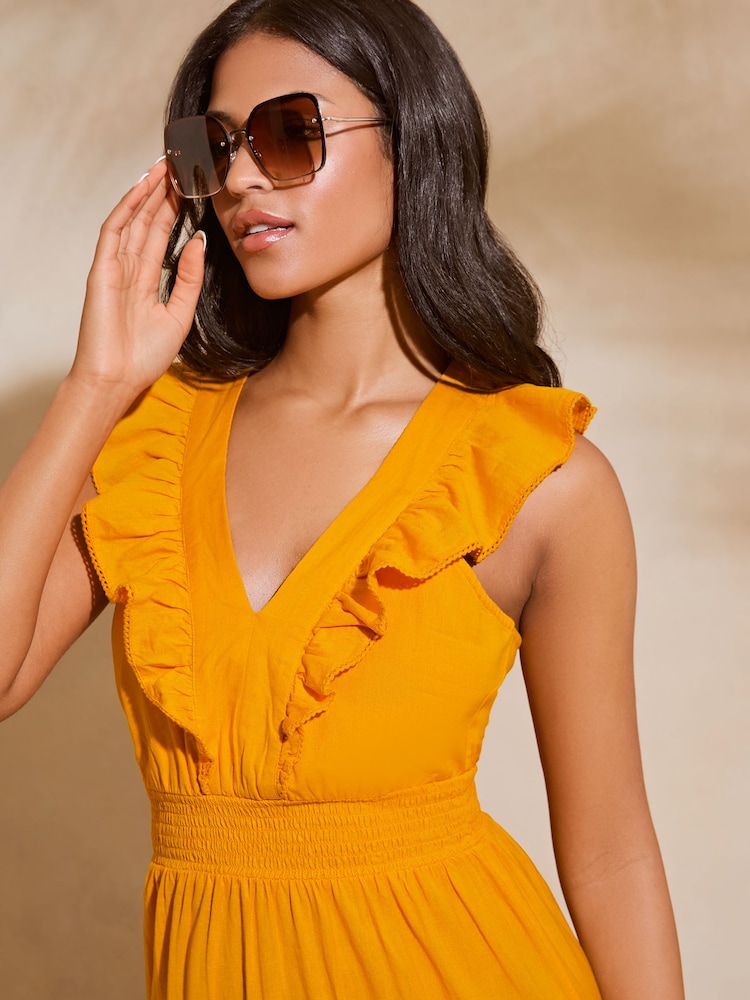 Lipsy Yellow Linen look Sleeveless Ruffle V Neck Midi Dress - Image 4 of 4