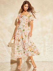 Lipsy White Puff Sleeve Square Neck Midaxi Linen Look Printed Dress - Image 1 of 4